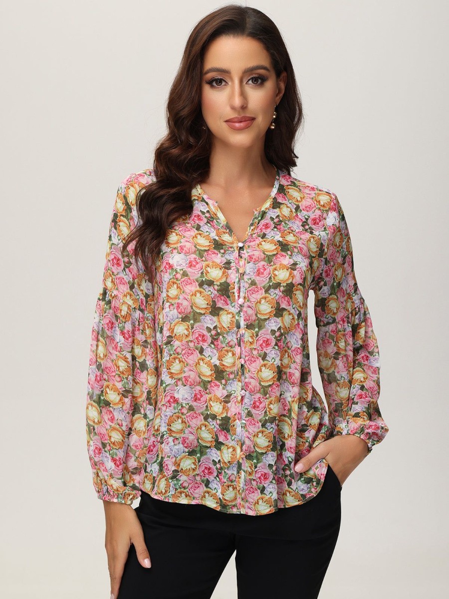 Women 89th + Madison | Floral Button-Up Top Full House Pink