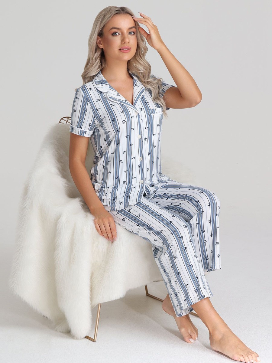 Women 89th + Madison | Stripe Pajamas Set Baltic Sea Combo