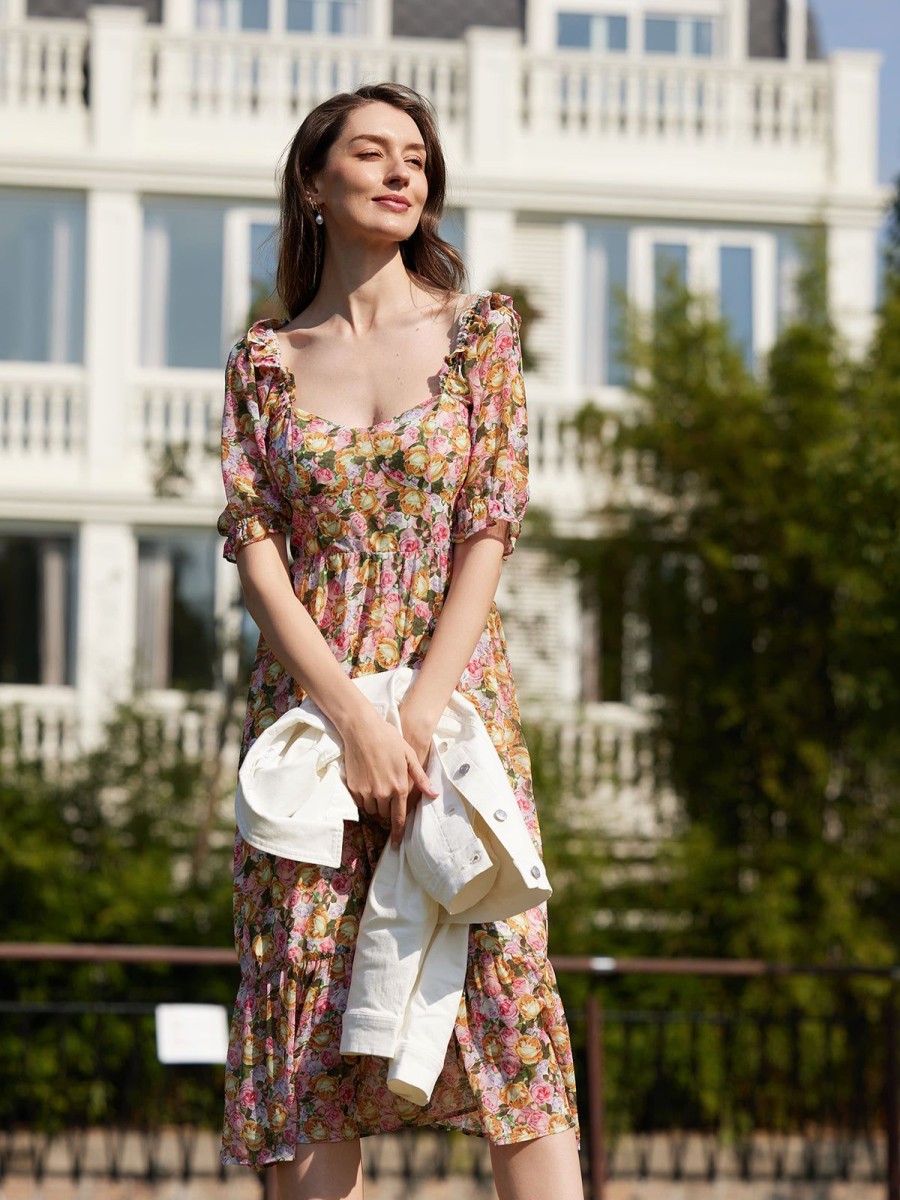 Women 89th + Madison | Floral Puff-Sleeve Midi Dress Full House Pink