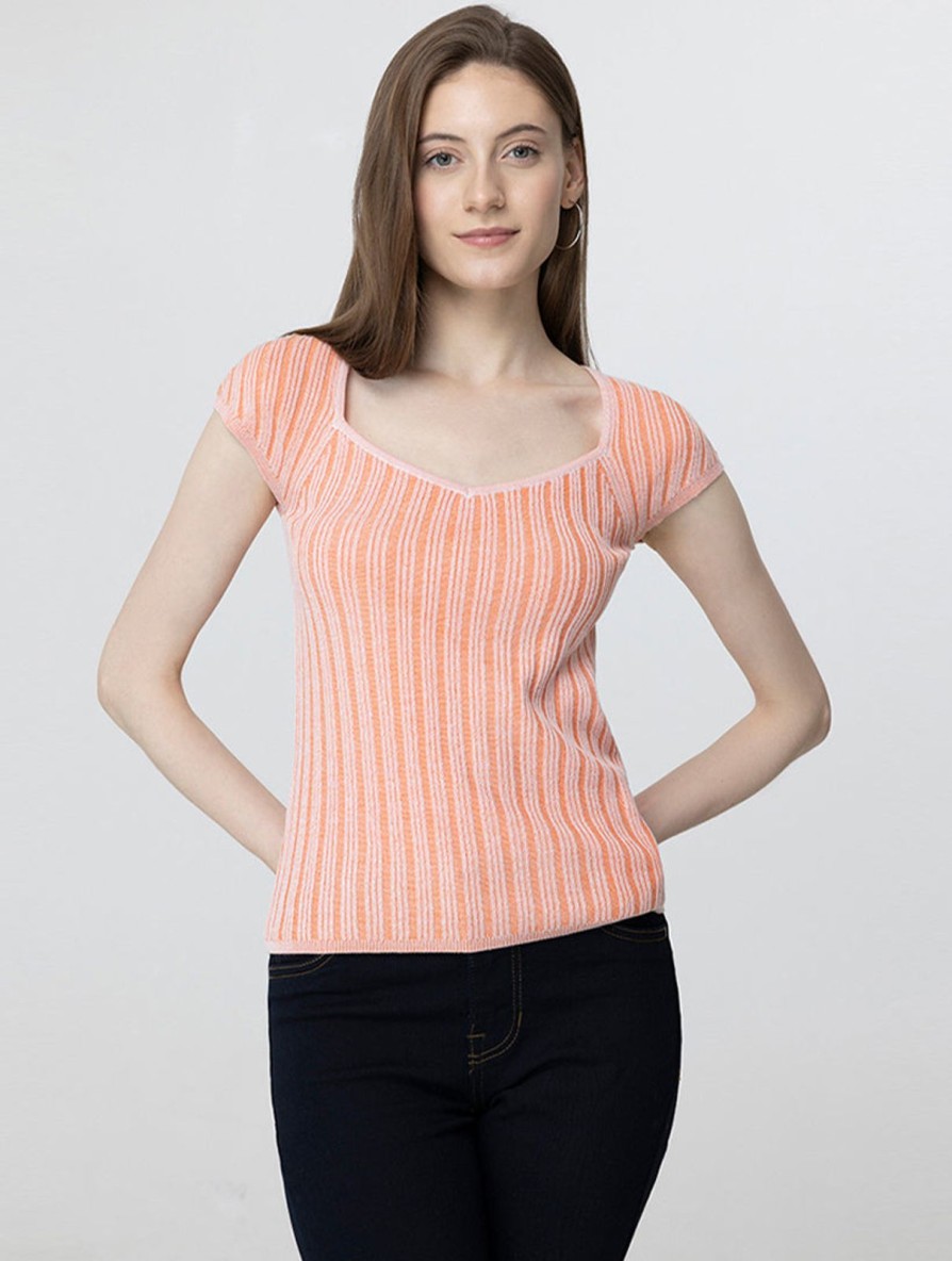 Women Redy | Rib V-Neck Cap Sleeve Top Orange Ochre Combo