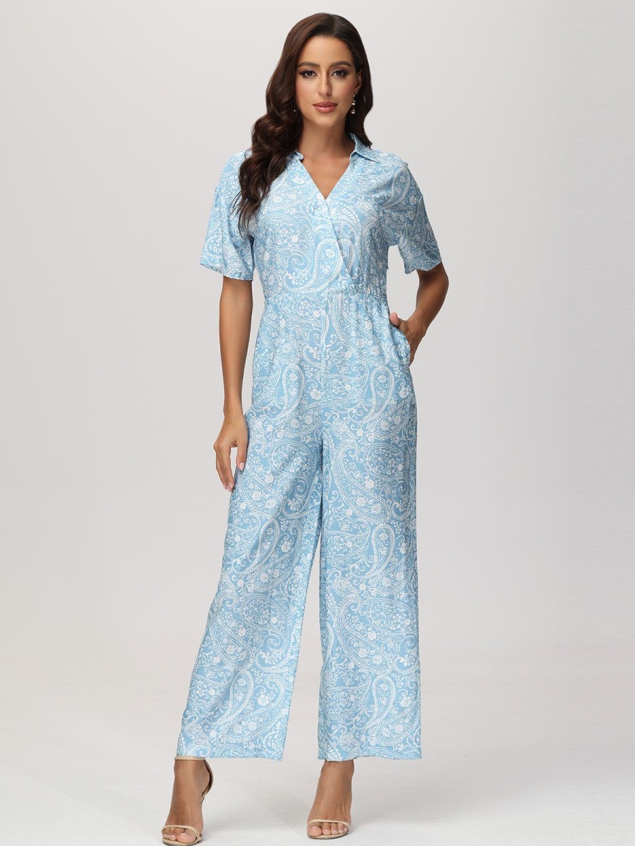 Women 89th + Madison | Floral Short Sleeve Jumpsuit Monochrome Paisley Blue