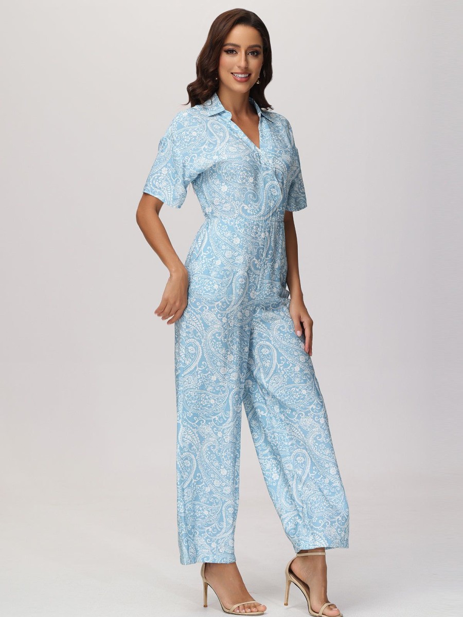 Women 89th + Madison | Floral Short Sleeve Jumpsuit Monochrome Paisley Blue