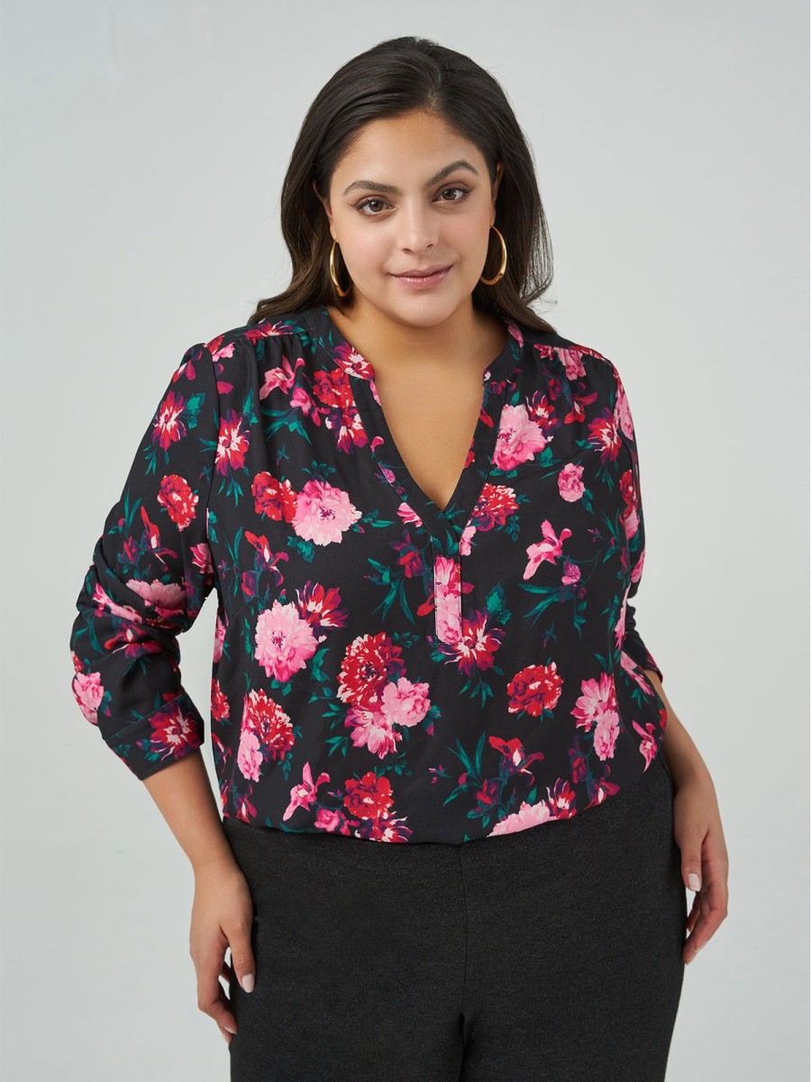 Women 89th + Madison | Floral V-Neck Blouson Sleeve Blouse Fragrance Rhapsody