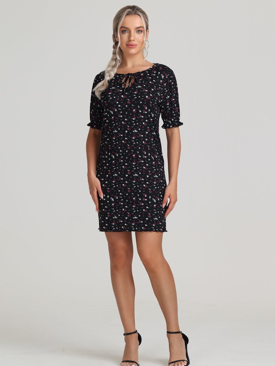 Women 89th + Madison | Floral Tie Neck Puff Sleeve Dress Tossed Ditsy Black