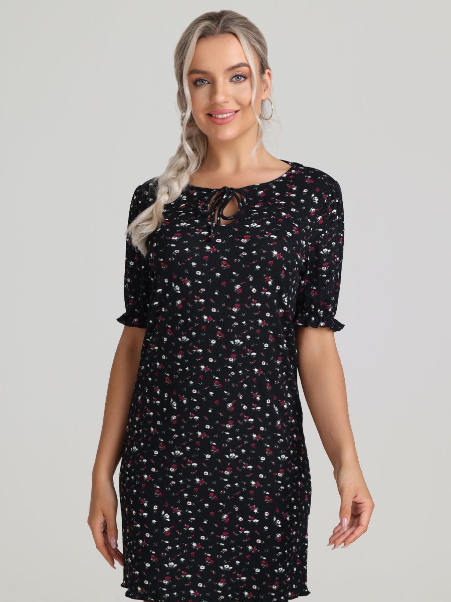 Women 89th + Madison | Floral Tie Neck Puff Sleeve Dress Tossed Ditsy Black