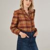 Women Frye | Ruffle Placket Button Down Check Shirt Tannin Combo