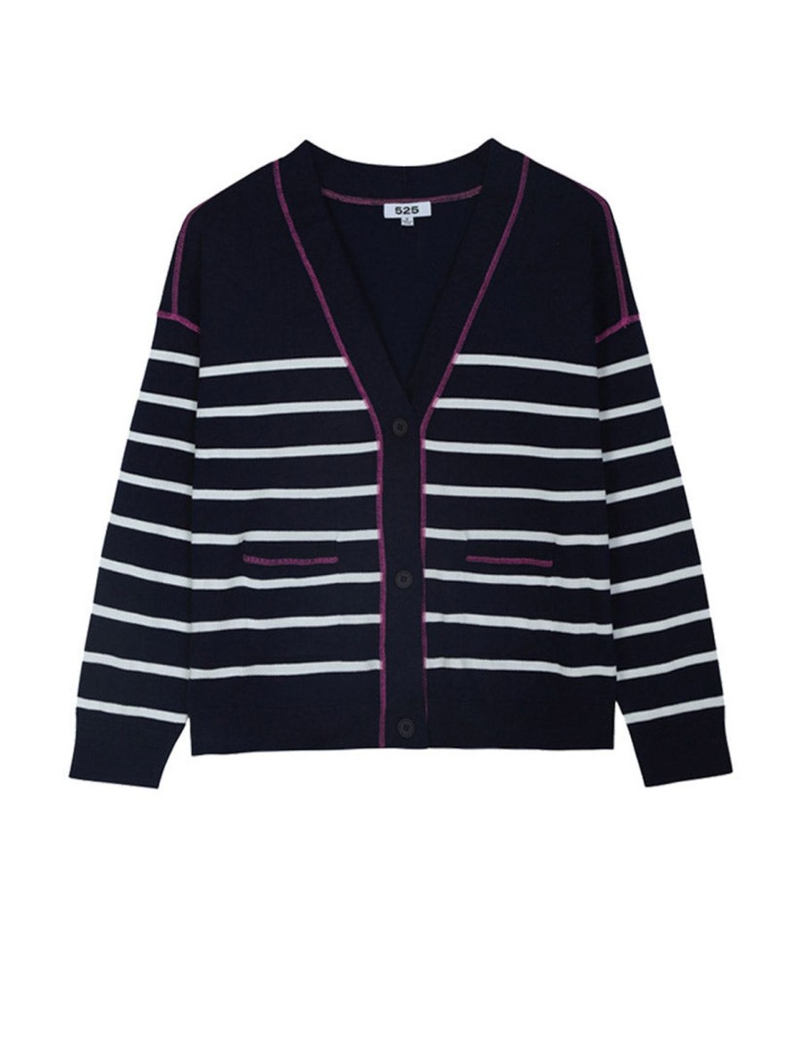 Women 525 America | Exposed Cover Stitch Stripe Cardigan Dark Blue Multi