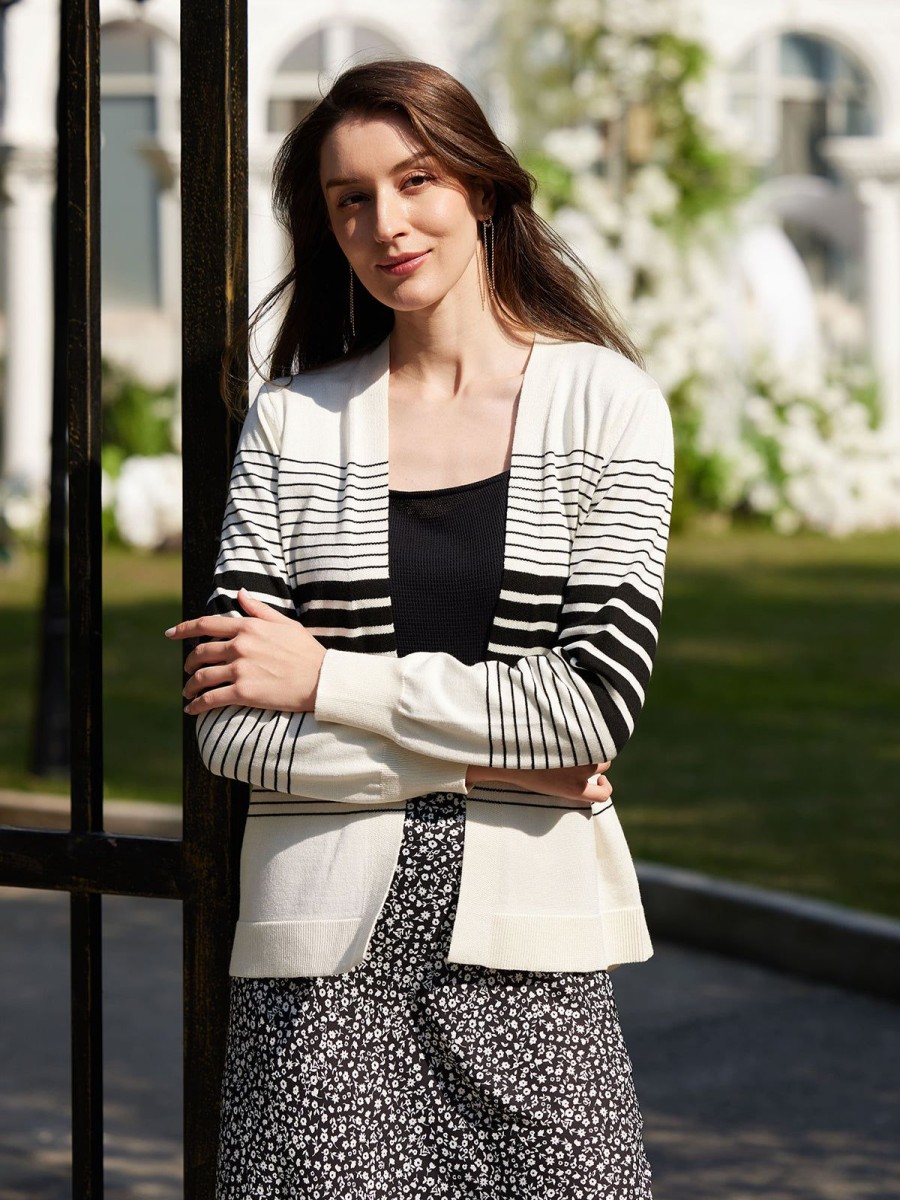 Women 89th + Madison | Stripe Open Front Cardigan Egret Combo