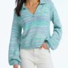 Women 525 America | Lattice V-Neck Collared Pullover Cyan Multi