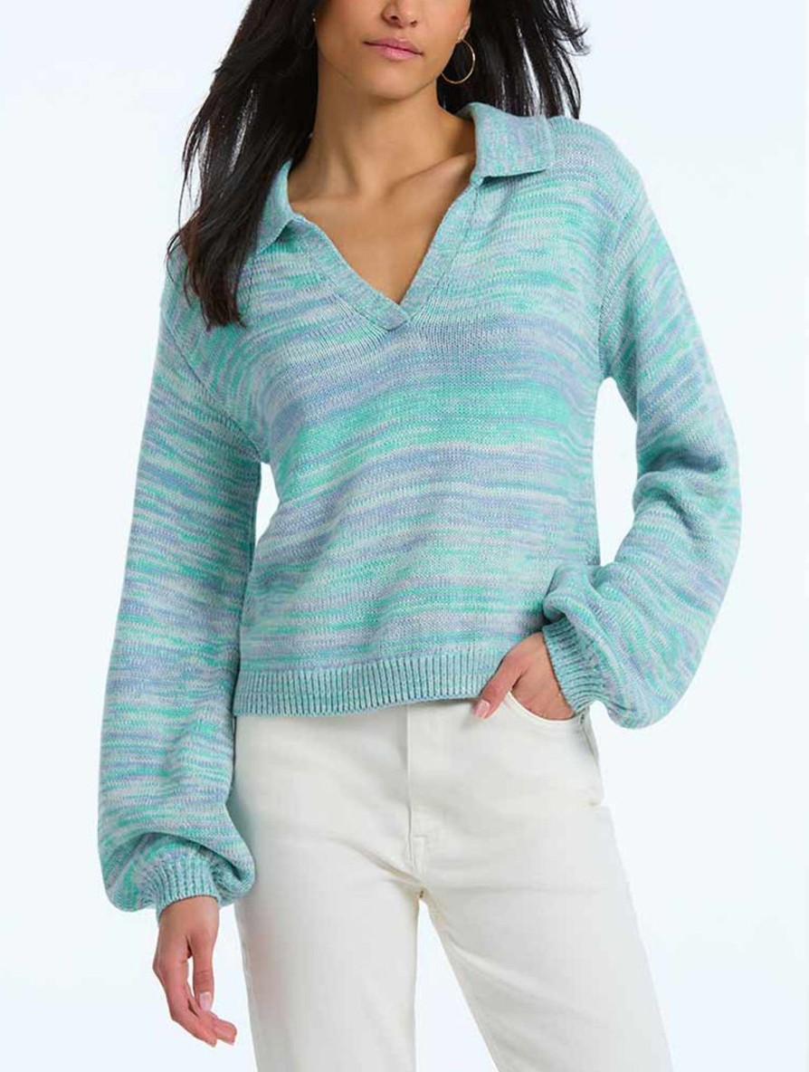 Women 525 America | Lattice V-Neck Collared Pullover Cyan Multi