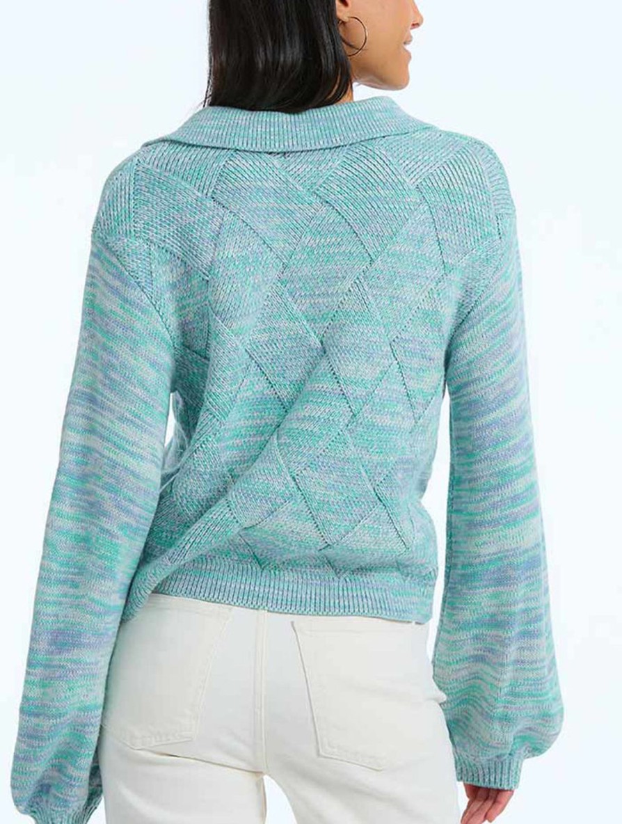 Women 525 America | Lattice V-Neck Collared Pullover Cyan Multi