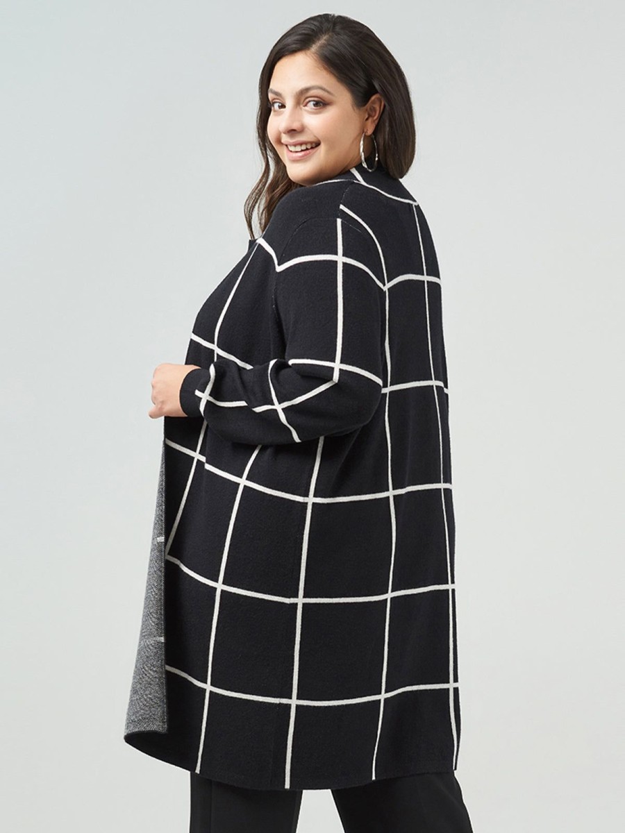 Women 89th + Madison | Plaid Open Cardigan Black/Cloud Dancer Combo