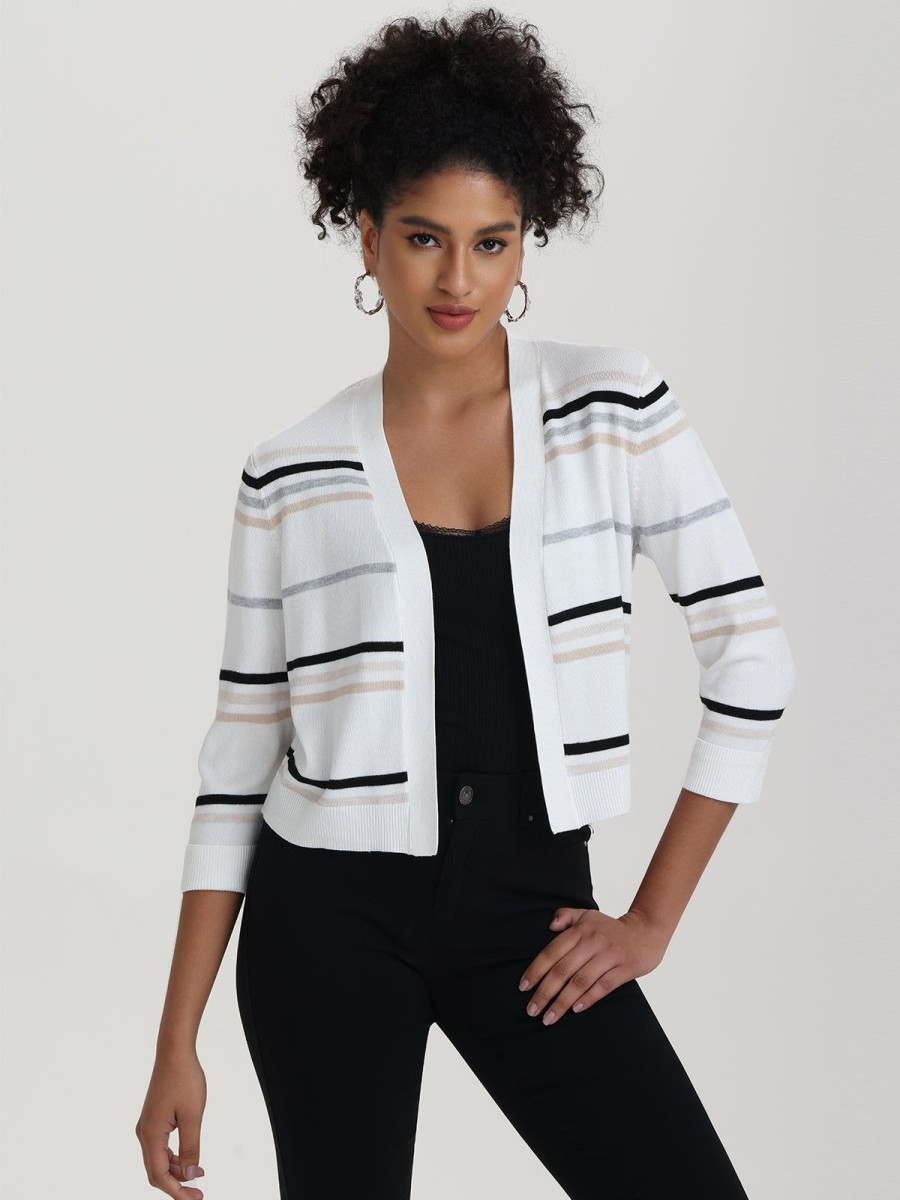 Women 89th + Madison | Stripe Crop Cardigan Oatmeal Heather Combo