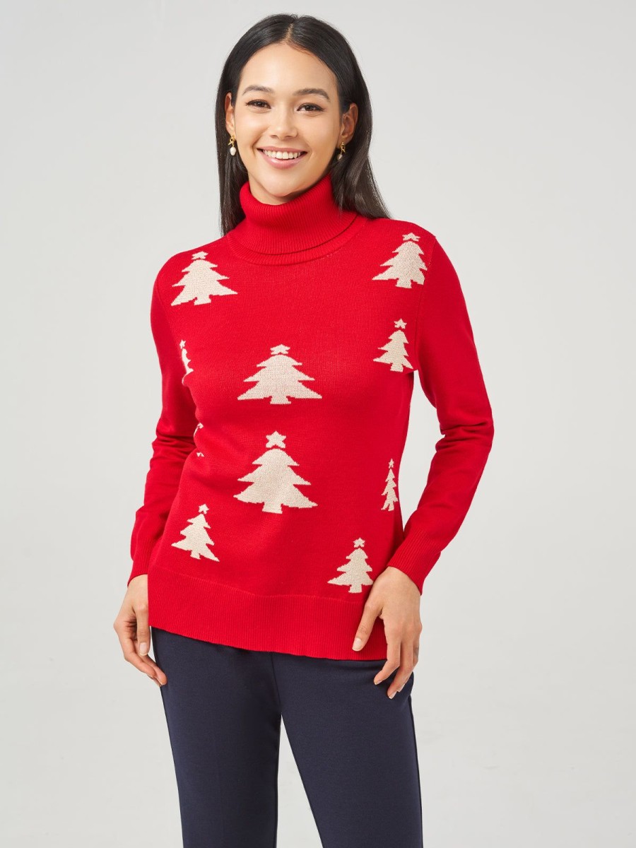 Women 89th + Madison | Christmas Tree Jacquard Turtleneck Pullover Raching Red/Cloud Dancer