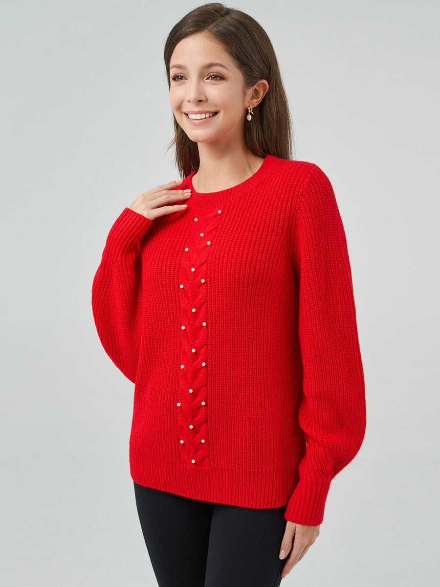 Women 89th + Madison | Pearls Cable With Shaker Crewneck Pullover