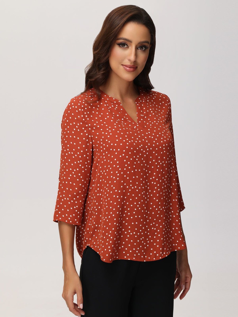 Women 89th + Madison | Dot Print Notch Neck Blouse Retro Polkadot Spicy Red