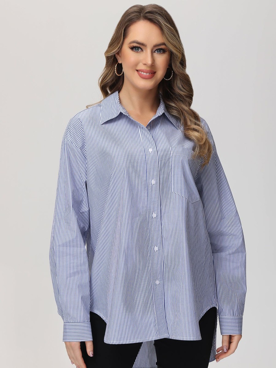 Women 89th + Madison | Stripe Button Down Shirt Classic Stripes-Blue Combo