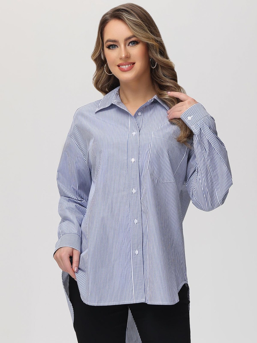 Women 89th + Madison | Stripe Button Down Shirt Classic Stripes-Blue Combo