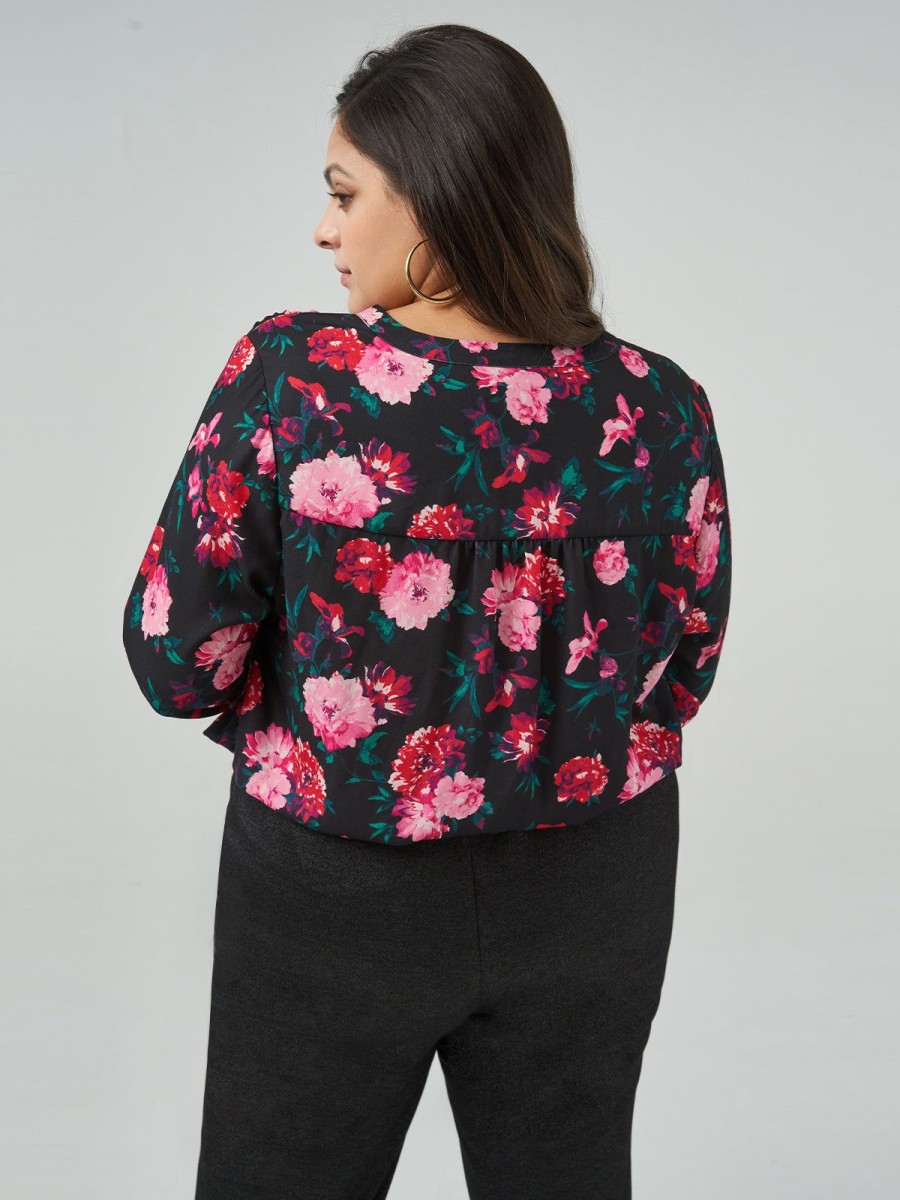 Women 89th + Madison | Floral V-Neck Blouson Sleeve Blouse Fragrance Rhapsody