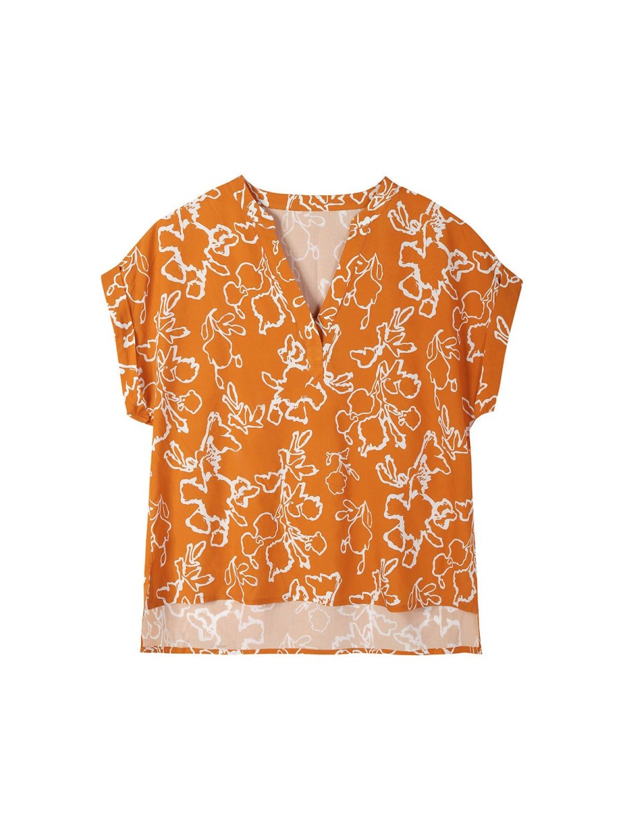 Women 89th + Madison | V-Neck Floral Print Pullover Orange Ochre Combo