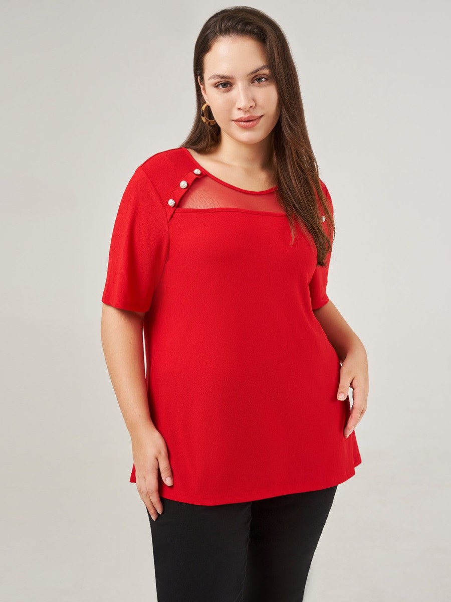 Women 89th + Madison | Mesh Inset Pearl Button Top