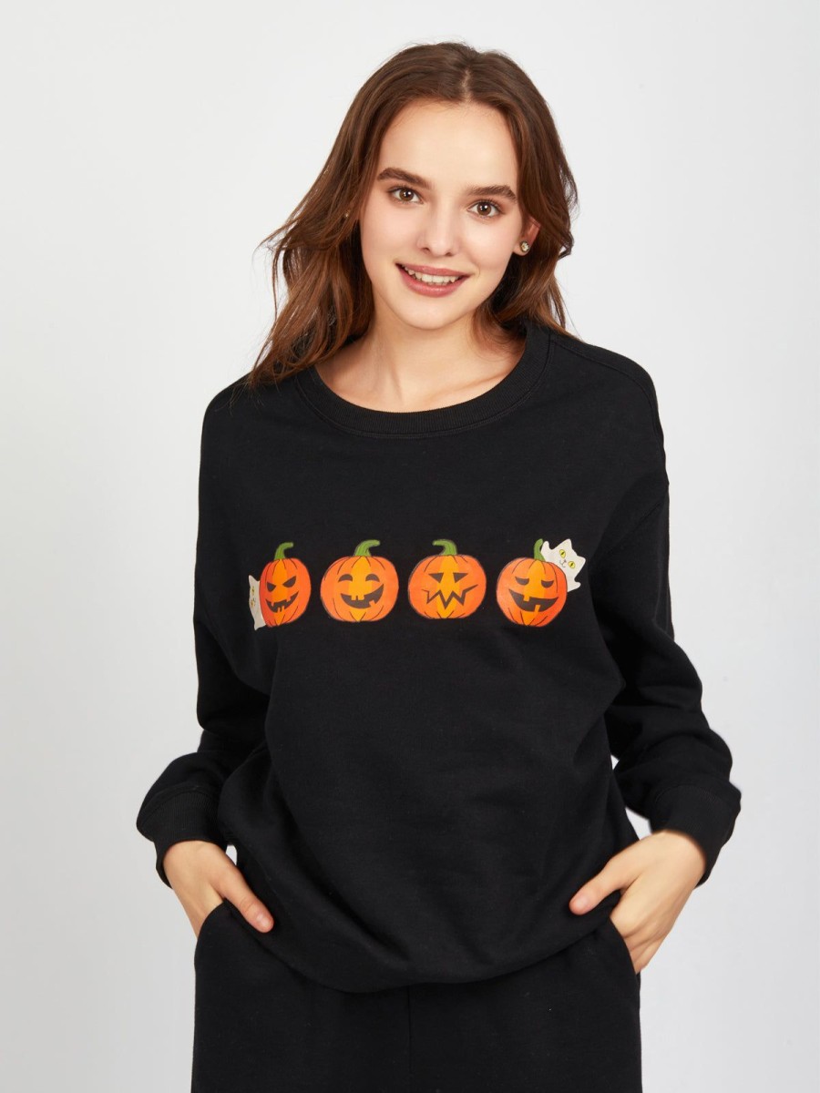 Women 89th + Madison | Spooky Pumpkins Graphic Sweatshirt Black