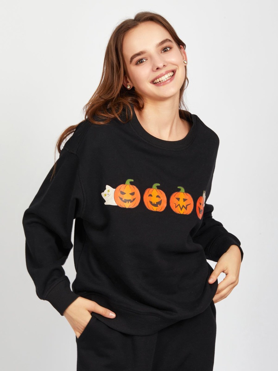 Women 89th + Madison | Spooky Pumpkins Graphic Sweatshirt Black