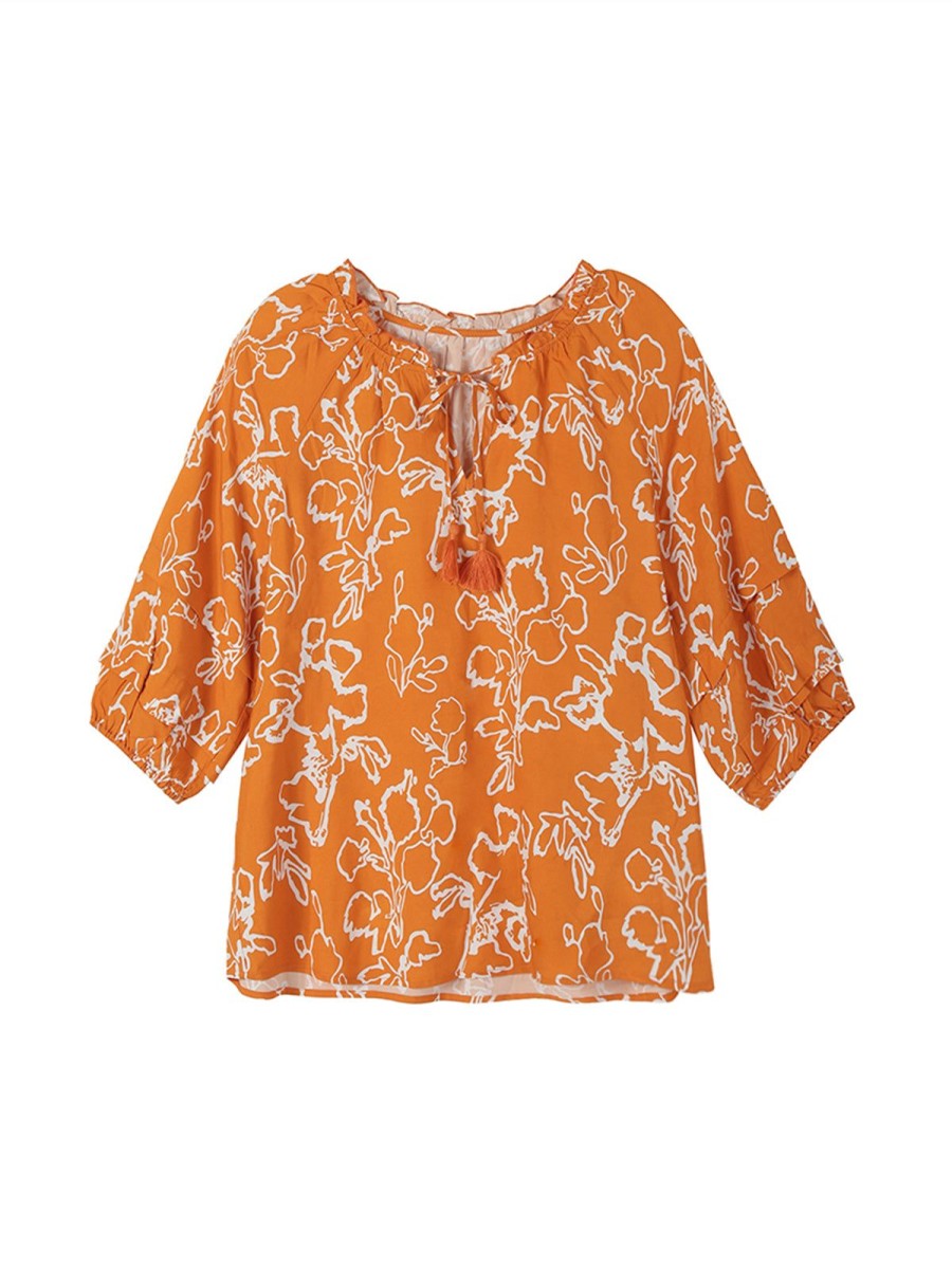 Women 89th + Madison | Tassel Ties With A Seven-Point Sleeve Printed Top Orange Ochre Combo