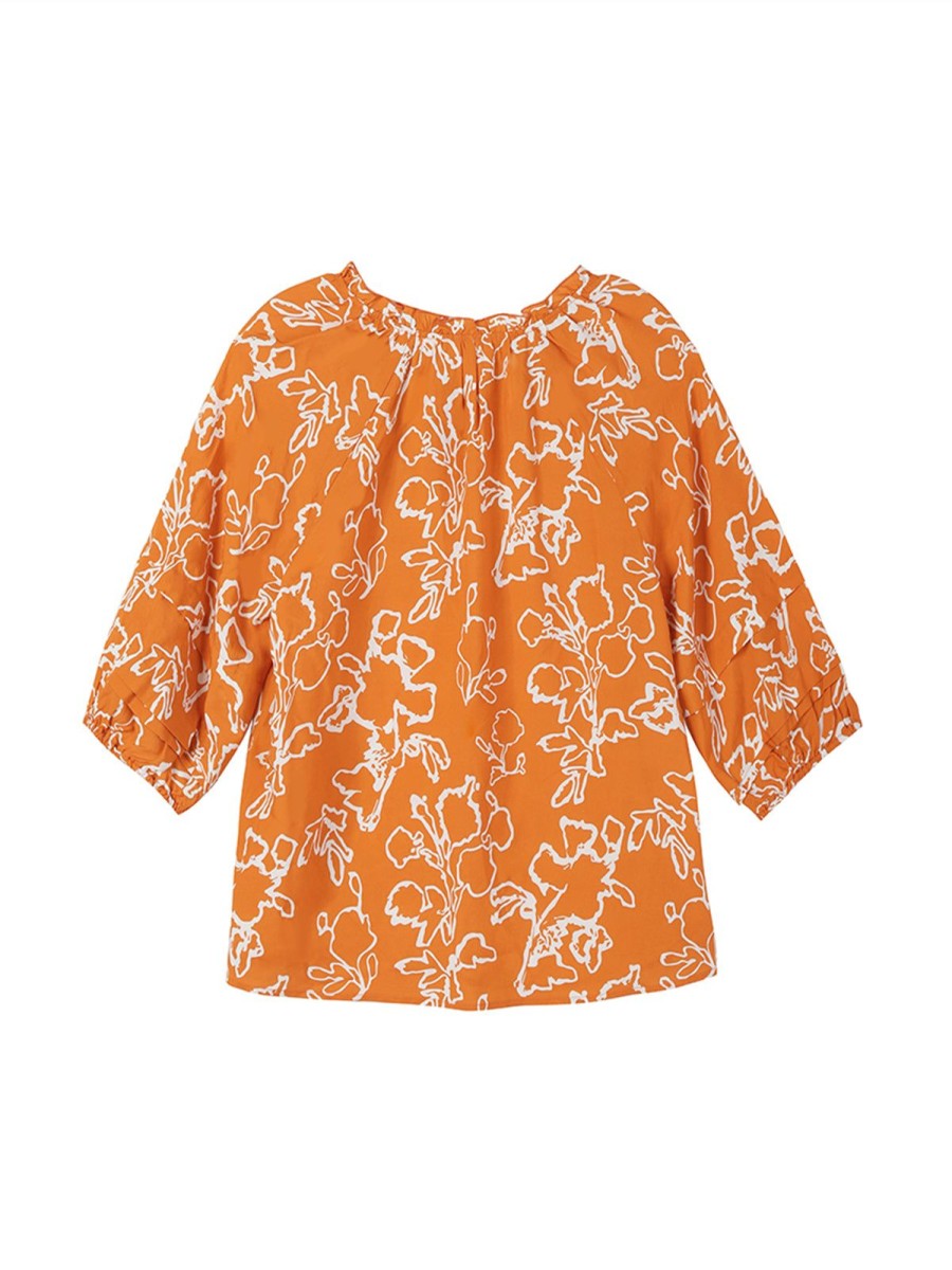 Women 89th + Madison | Tassel Ties With A Seven-Point Sleeve Printed Top Orange Ochre Combo