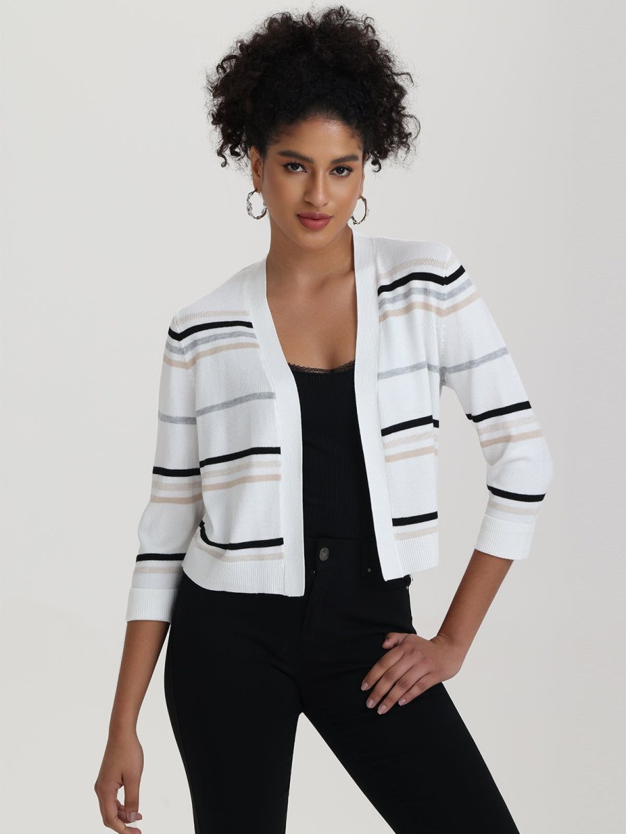 Women 89th + Madison | Stripe Crop Cardigan Oatmeal Heather Combo