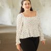 Women 89th + Madison | Heart Print Smocked Peplum Blouse Fluttering Love Black