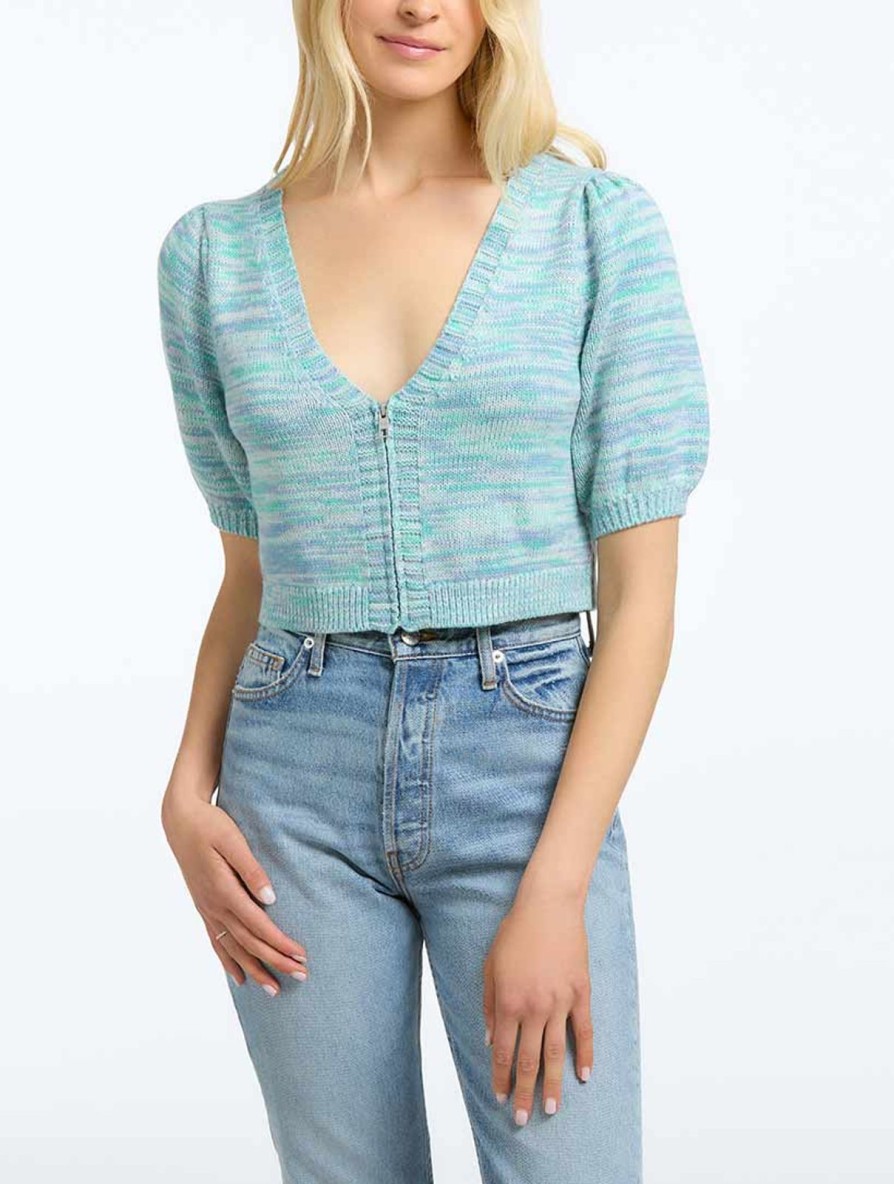 Women 525 America | Lattice Crop Cardigan Cyan Multi