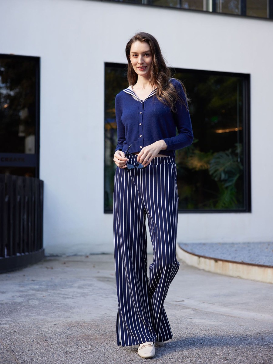 Women 89th + Madison | High-Rise Stripe Wide Leg Pants Navy Blue Combo