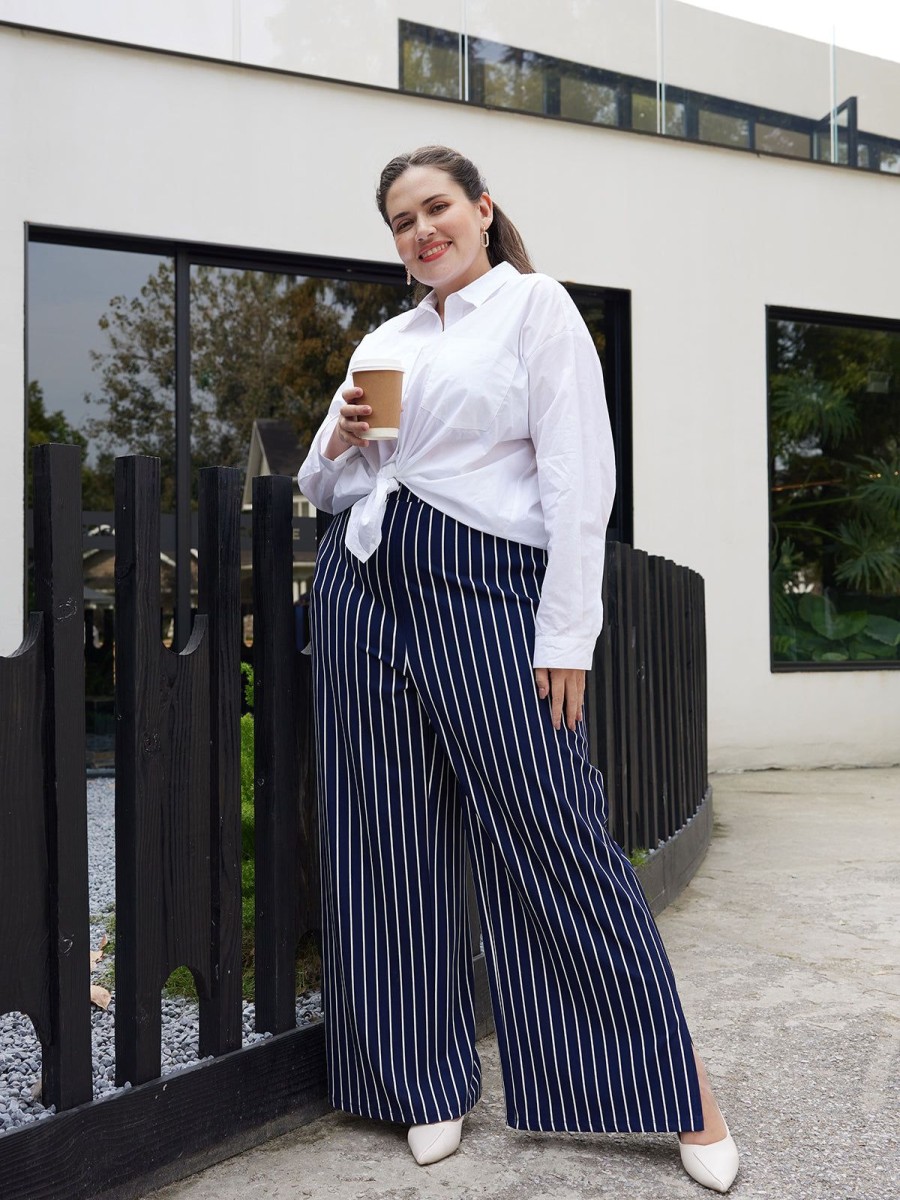 Women 89th + Madison | High-Rise Stripe Wide Leg Pants Navy Blue Combo