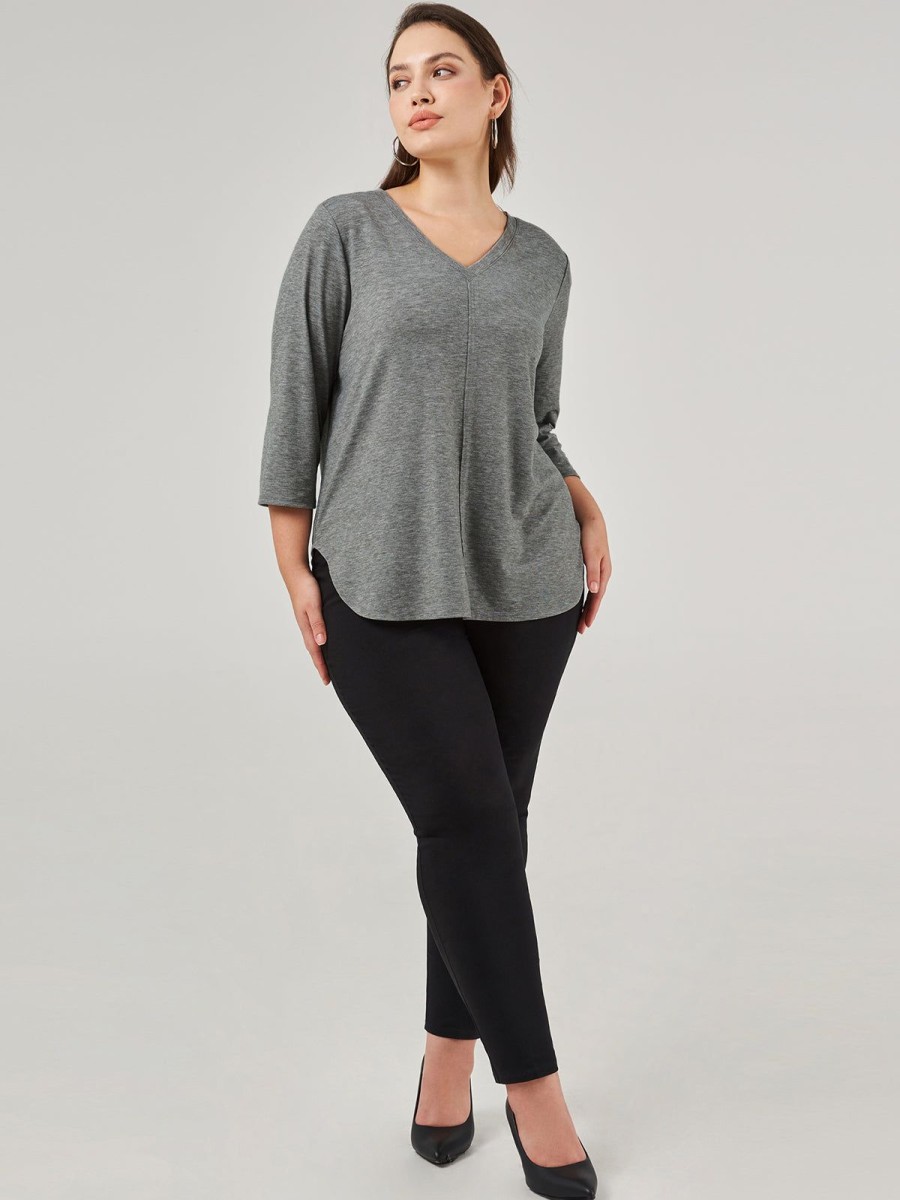 Women 89th + Madison | 3/4 Sleeve V-Neck Top Medium Grey Heather