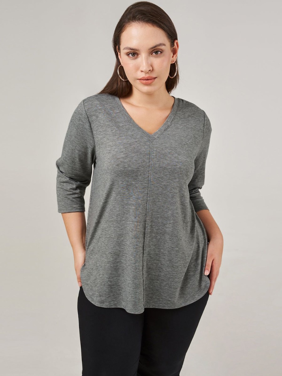 Women 89th + Madison | 3/4 Sleeve V-Neck Top Medium Grey Heather