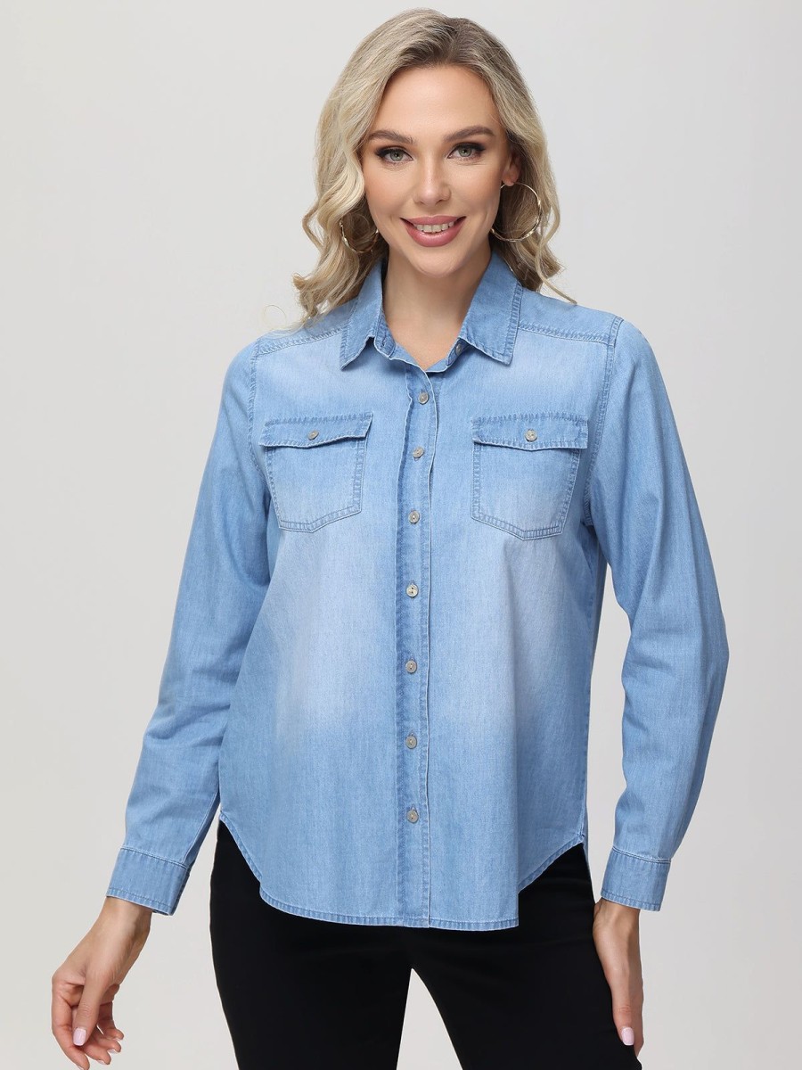 Women 89th + Madison | Denim Wash Button Down Shirt Light Blue Wash