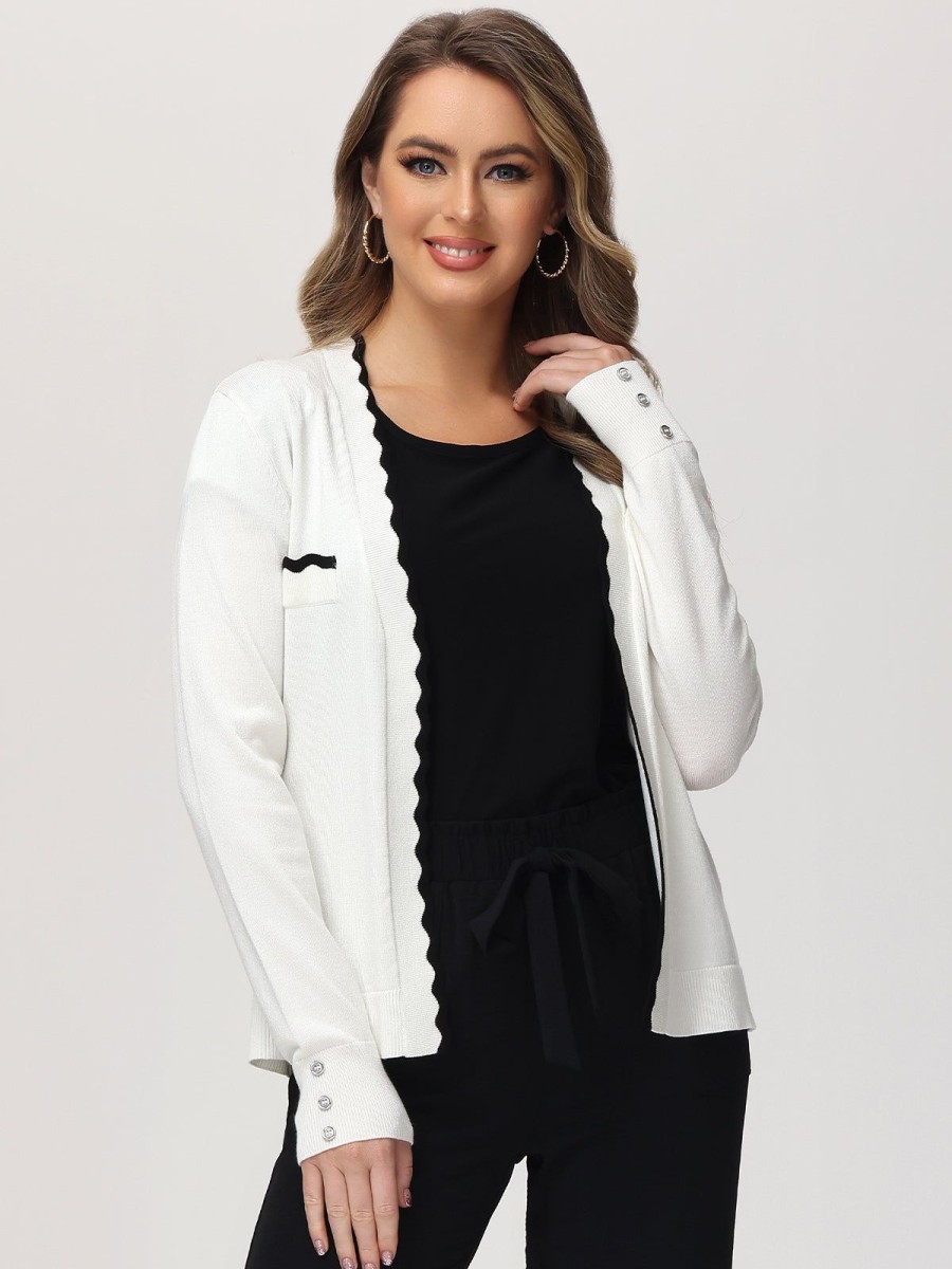 Women 89th + Madison | Tipped Scallop Trim Cardigan Egret Combo