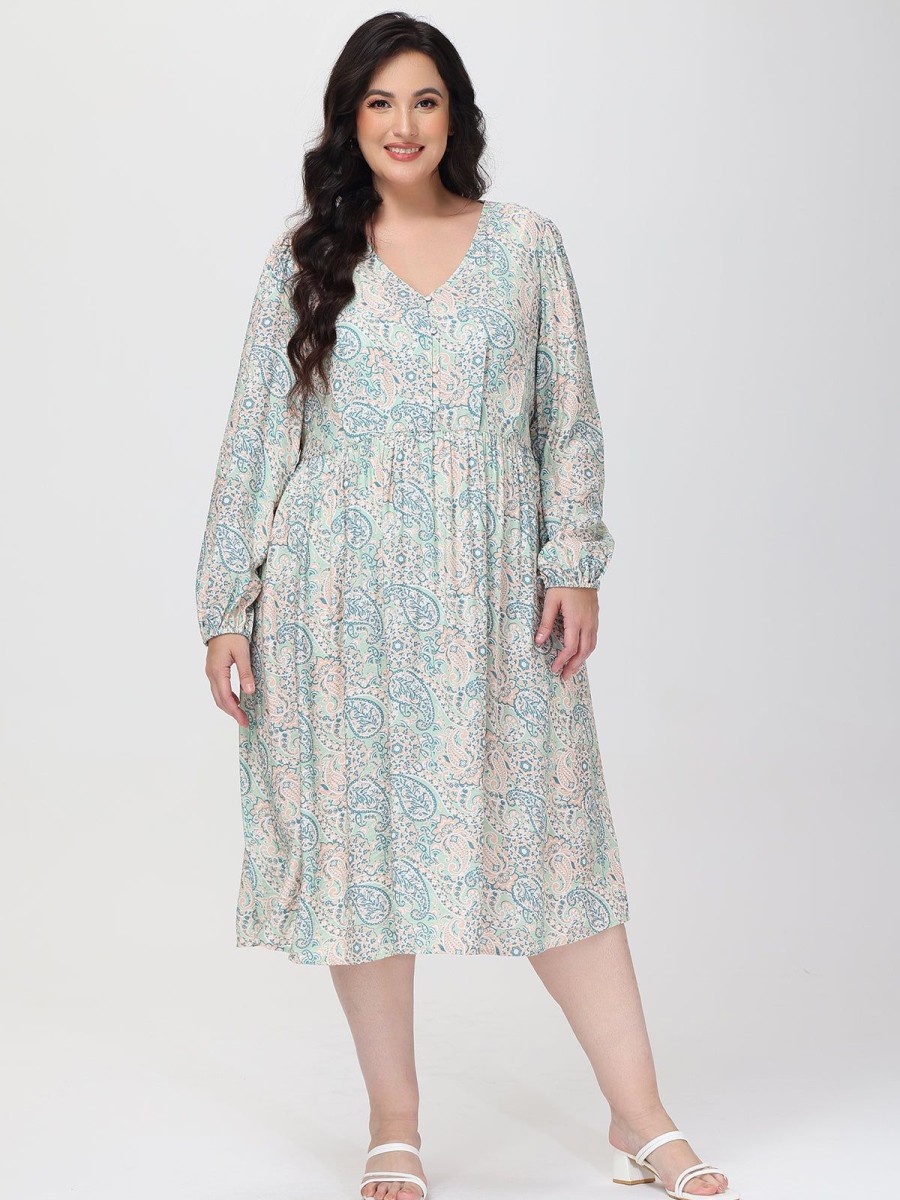 Women 89th + Madison | Paisley V-Neck Midi Dress Four Color Paisleypaislye