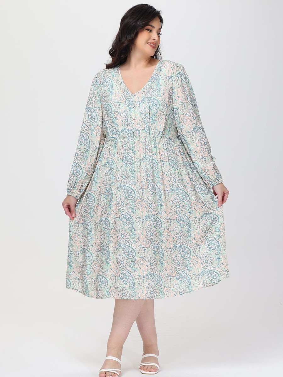 Women 89th + Madison | Paisley V-Neck Midi Dress Four Color Paisleypaislye