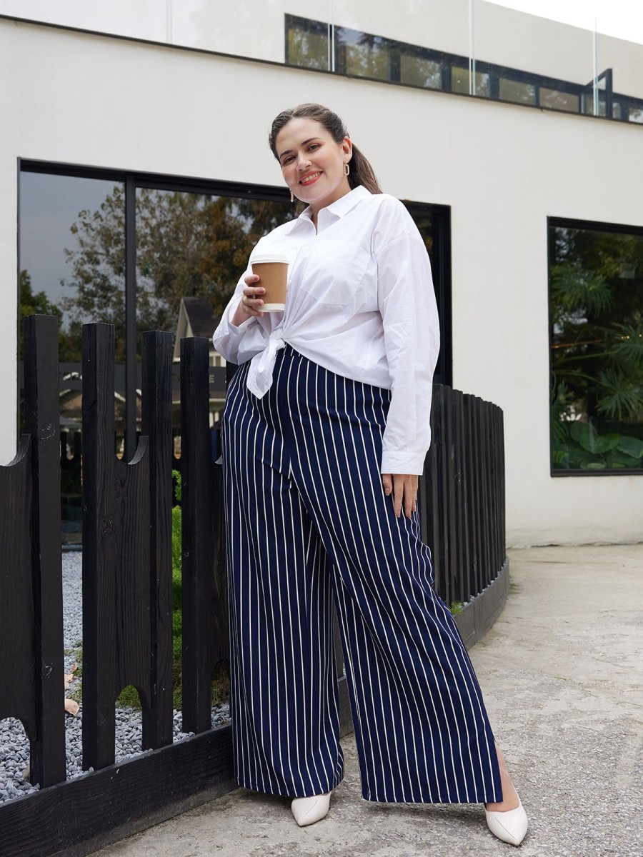 Women 89th + Madison | High-Rise Stripe Wide Leg Pants Navy Blue Combo