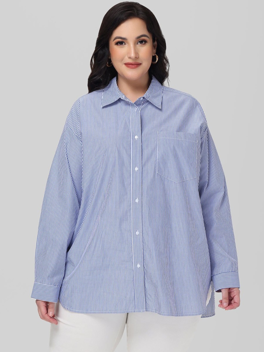 Women 89th + Madison | Stripe Button Down Shirt Classic Stripes-Blue Combo