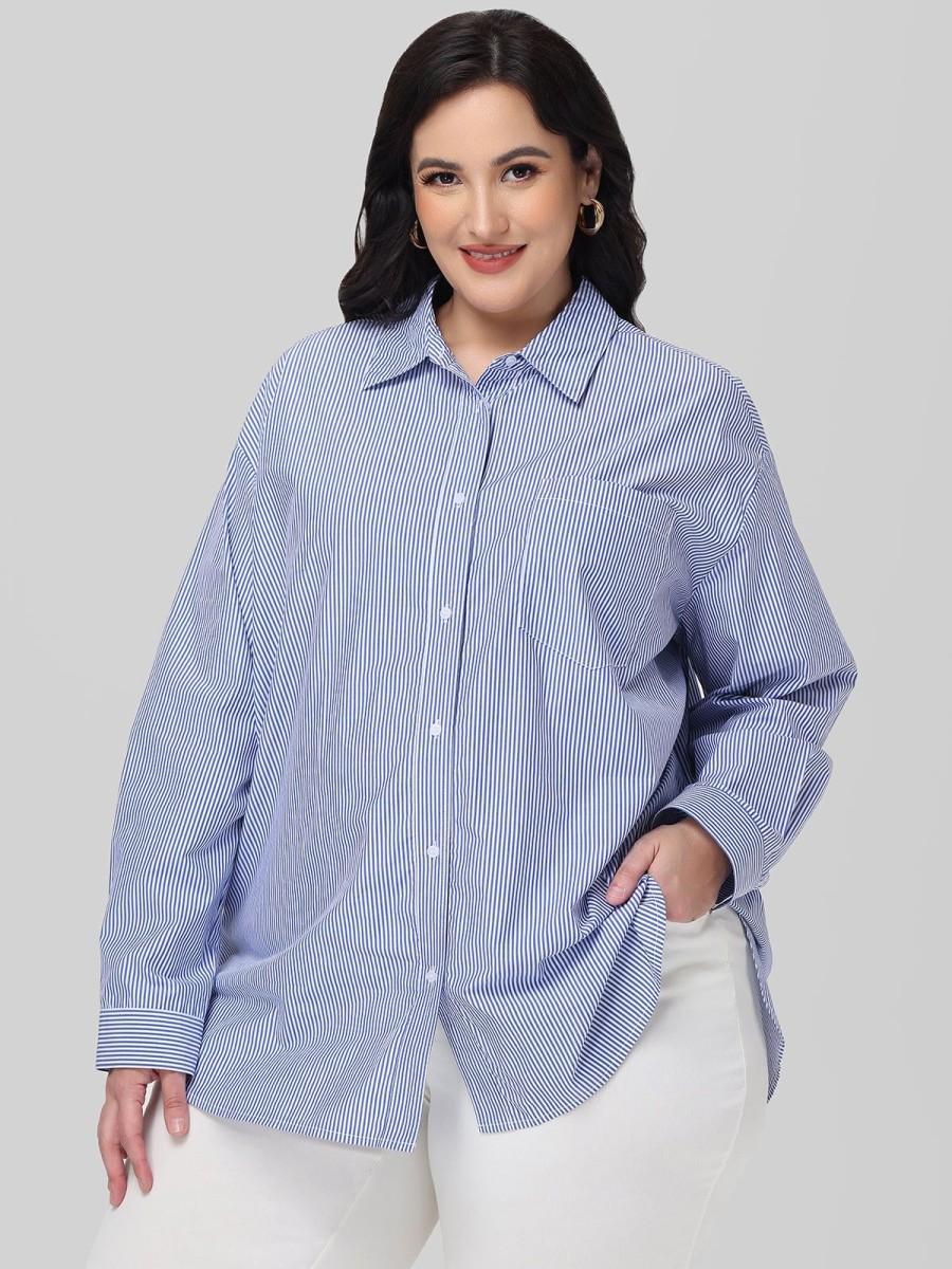 Women 89th + Madison | Stripe Button Down Shirt Classic Stripes-Blue Combo