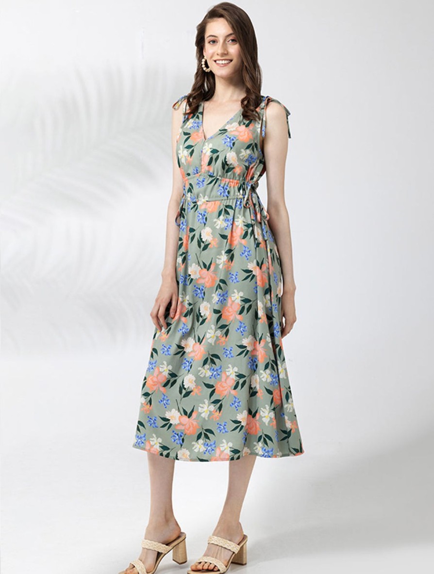 Women Frye | Drawstring Waist V-Neck Dress Last Dance Floral Rpt Teal Combo