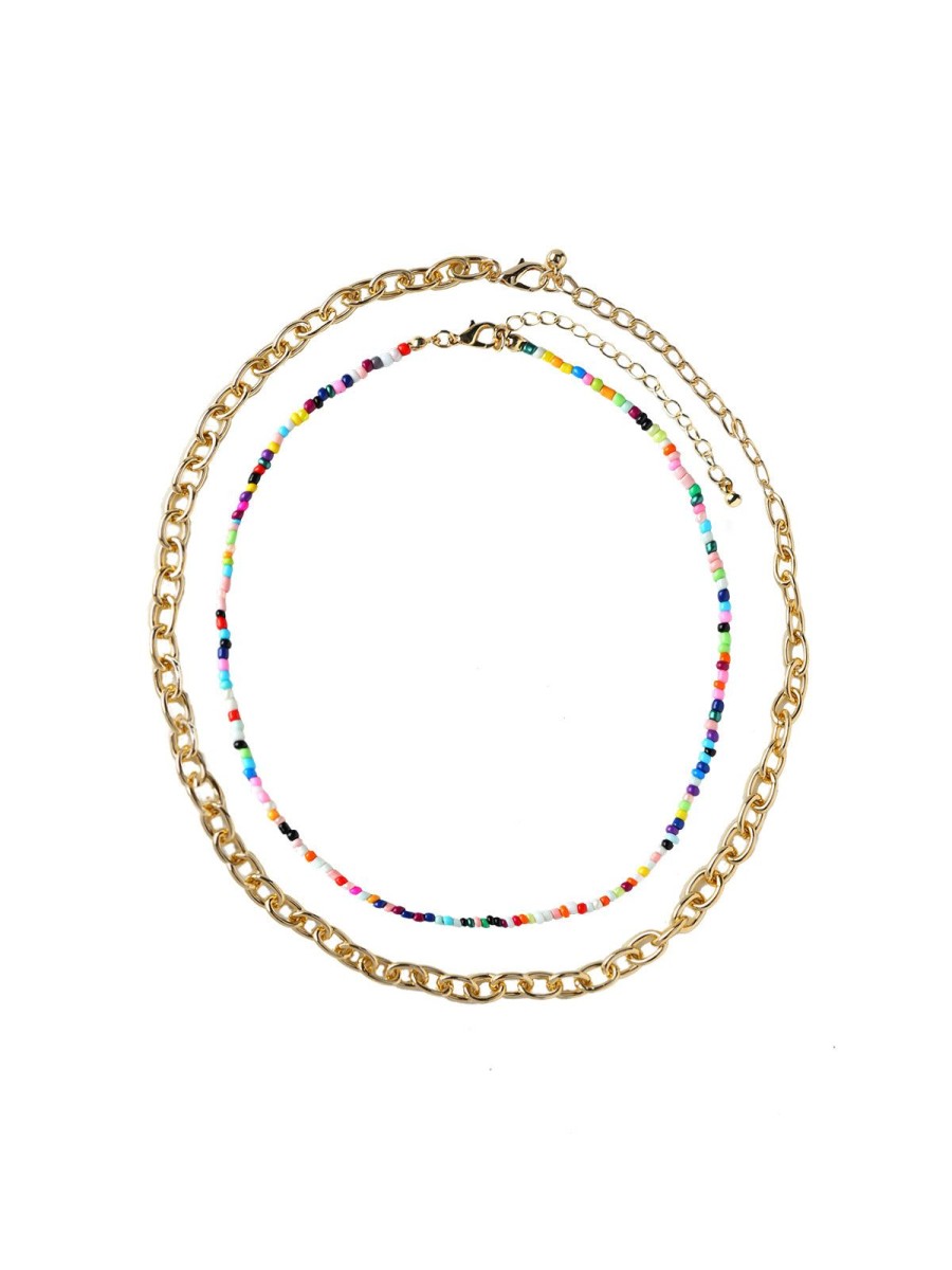 Accessories Daily Thread | Colorful Beaded And Small Link Chain Necklace Set Gold