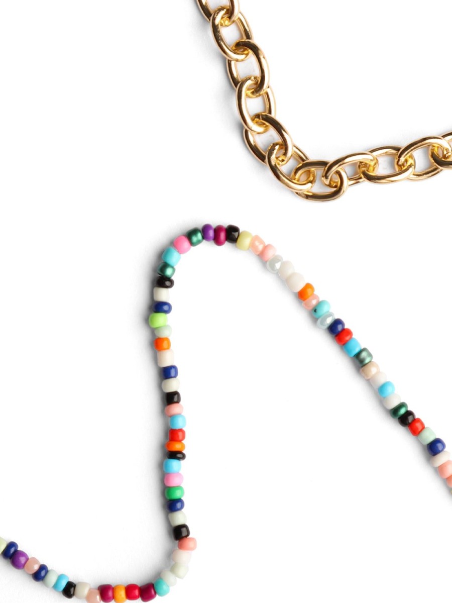 Accessories Daily Thread | Colorful Beaded And Small Link Chain Necklace Set Gold