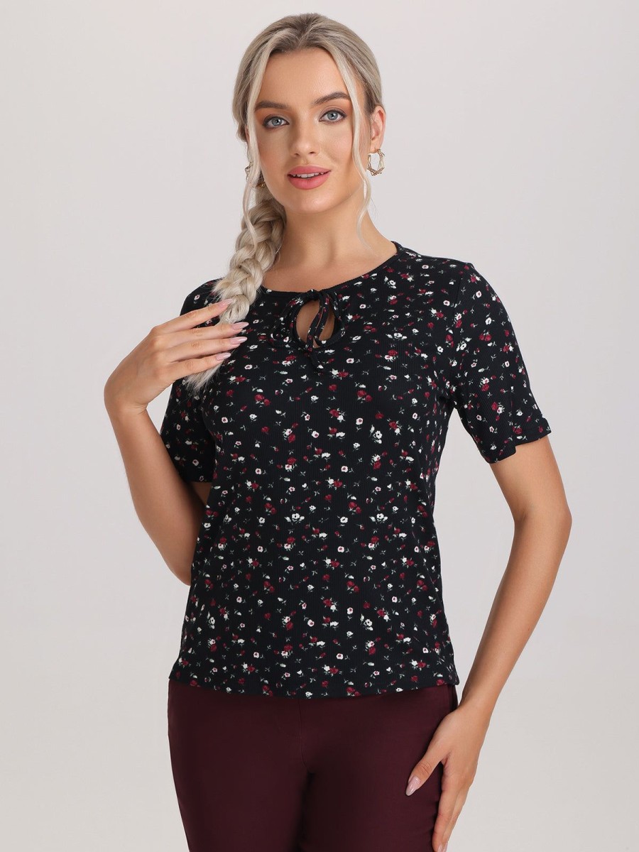 Women 89th + Madison | Floral Tie Neck Short Sleeve Top Tossed Ditsy Black