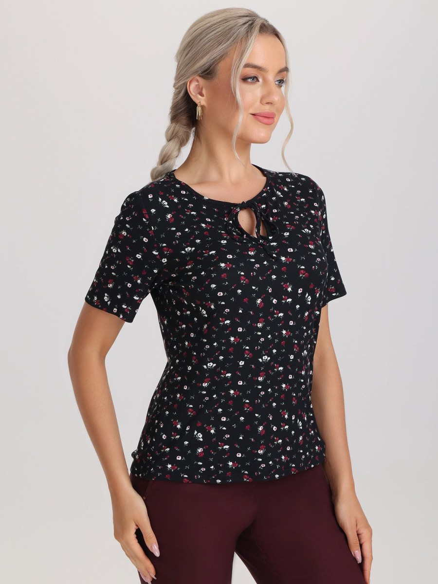 Women 89th + Madison | Floral Tie Neck Short Sleeve Top Tossed Ditsy Black