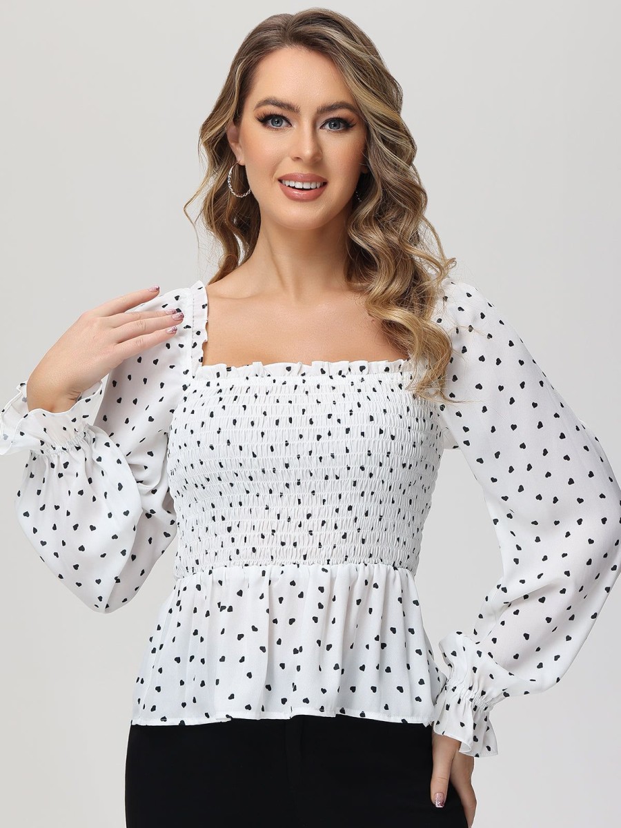 Women 89th + Madison | Heart Print Smocked Peplum Blouse Fluttering Love Black