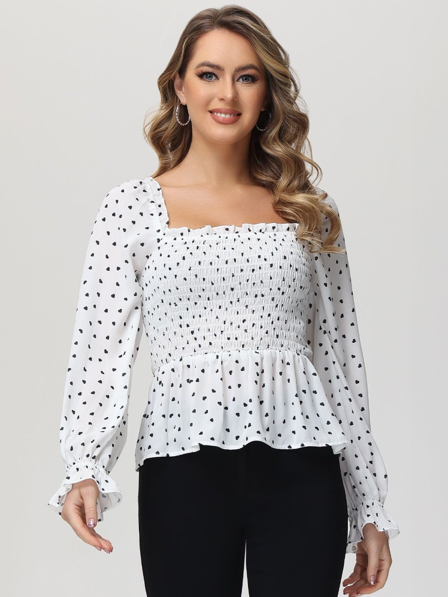 Women 89th + Madison | Heart Print Smocked Peplum Blouse Fluttering Love Black